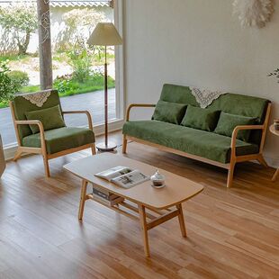 Japanese-Style Solid Wood Simple Two- or Three-Seater Sofa, Minimalist Nordic Small Apartment Natural Wood Modern Homestay Fabric Sofa