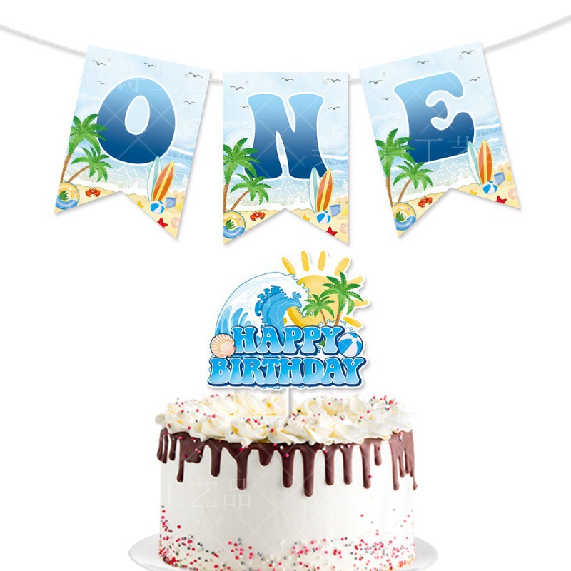 Nueva decoración de fiesta de cumpleaños de aniversario tira bandera tarta de playa playa fiesta de cumpleaños uno tira bandera