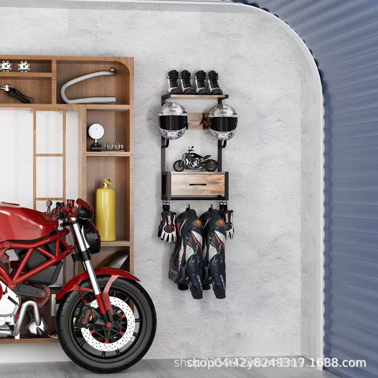 Wooden Motorcycle Helmet Holder Wall-Mounted Helmet Stand with Helmet Rack Riding Gear Accessories Storage Organizer