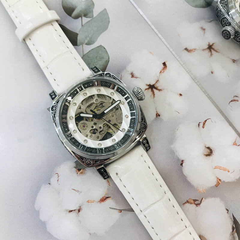 Double-sided hollow women's watch mechanical watch square retro carved Internet celebrity high-end couple watch men's watch belt_voghion.com