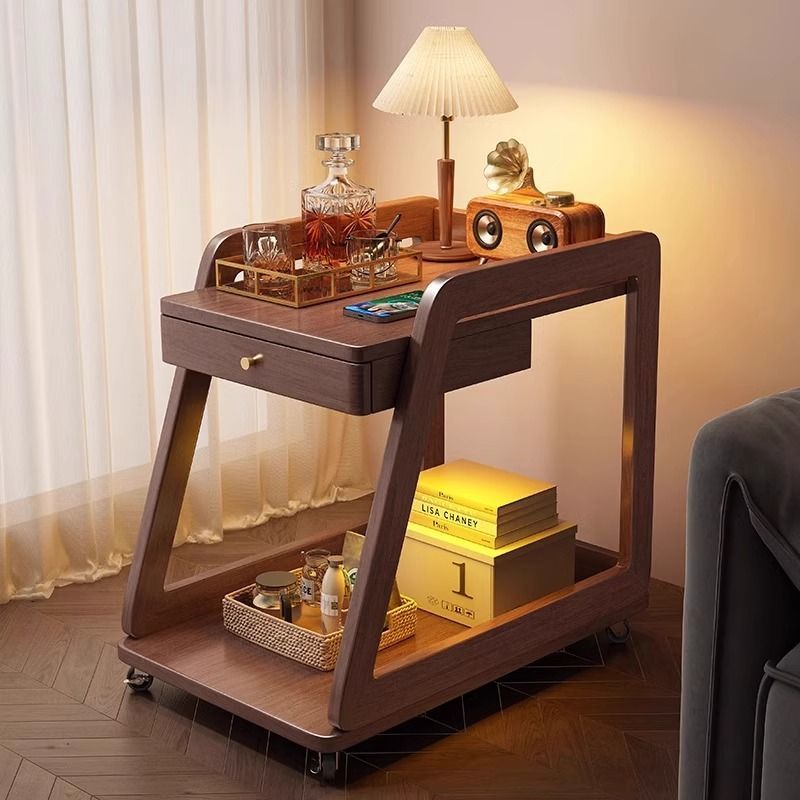 Mesa de té de madera maciza, sofá, carro, estante de almacenamiento con ruedas, mesa pequeña, mesa de trabajo, mesa de cabecera móvil