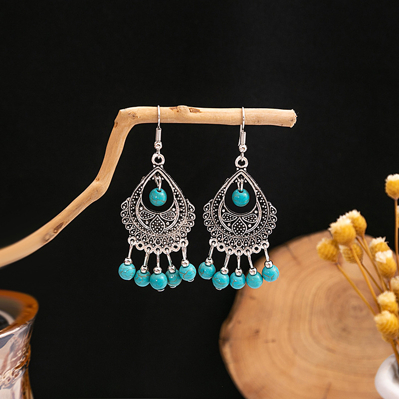 1 Pair Casual Retro Geometric Beaded Alloy Turquoise Drop Earrings display picture 13