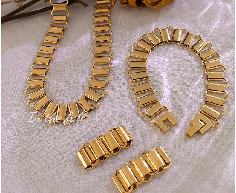 fashion hollow geometric ring necklace bracelet set titanium steel 18K gold plated jewelry