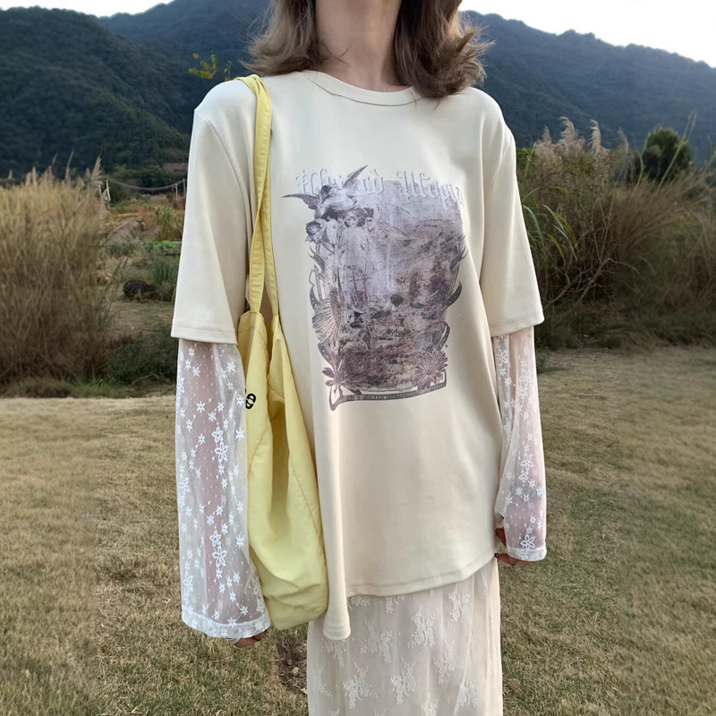2026 Spring/Summer New Korean Niche Design Lace Patchwork Long Sleeve T-Shirt for Women, Lazy Style, Loose Fit, Faux Two-Piece