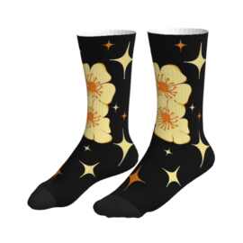 POD印花跨境纯黑底色淡黄花卉星光满印中筒袜