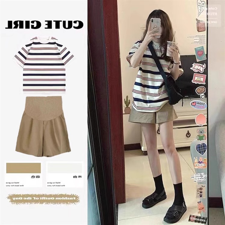 Pregnant Women's Suit Summer High-end Casual Striped Short-sleeved Top Belly-supporting Wide-leg Shorts Two-piece Summer Fashionable Mom Pregnant Women's Suit Summer High-end Casual Striped Short-sleeved Top Belly-supporting Wide-leg Shorts Two-piece Summer Fashionable Mom