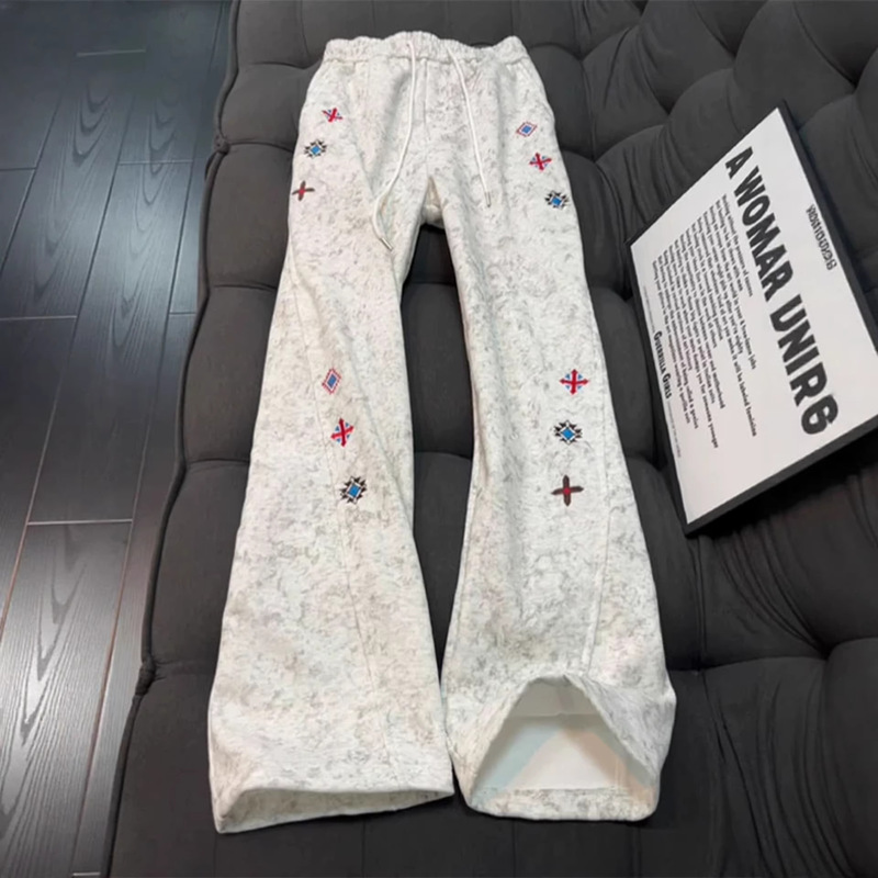 White and Gray Tie-Dye Embroidered American-Style Sweatpants for Men, New Winter Heavyweight Curved-Cut Straight-Leg Flared Pants