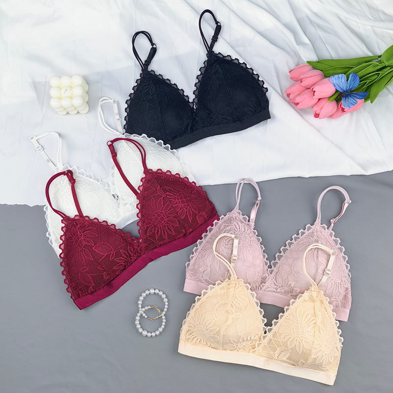 Europa y Estados Unidos encaje sin anillo de acero sujetador francés desmontable copa triangular ropa interior de mujer ajustable para la adolescente para limpiar el pecho