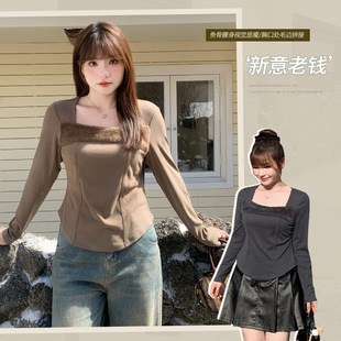 Plush square collar fishbone stitching velvet sweater women's winter chubby girl plus size women's base shirt top 65127