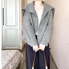 法式灰色拉链大翻领外套女秋冬季新款小个子宽松休闲减龄夹克