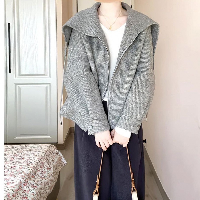 法式灰色拉链大翻领外套女秋冬季新款小个子宽松休闲减龄夹克|undefined