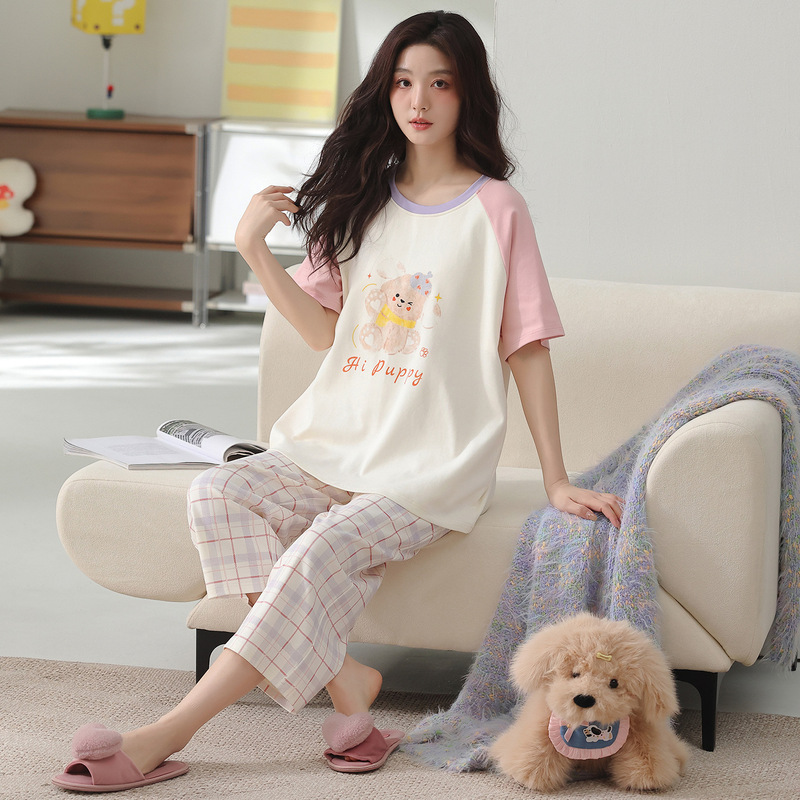 100% Pure Cotton Pajamas with Breast Pads for Women, Summer Thin Short-Sleeved Cropped Pants, Comfortable Cotton Home Clothes for Women to Wear Outside 100% Pure Cotton Pajamas with Breast Pads for Women, Summer Thin Short-Sleeved Cropped Pants, Comfortable Cotton Home Clothes for Women to Wear Outside