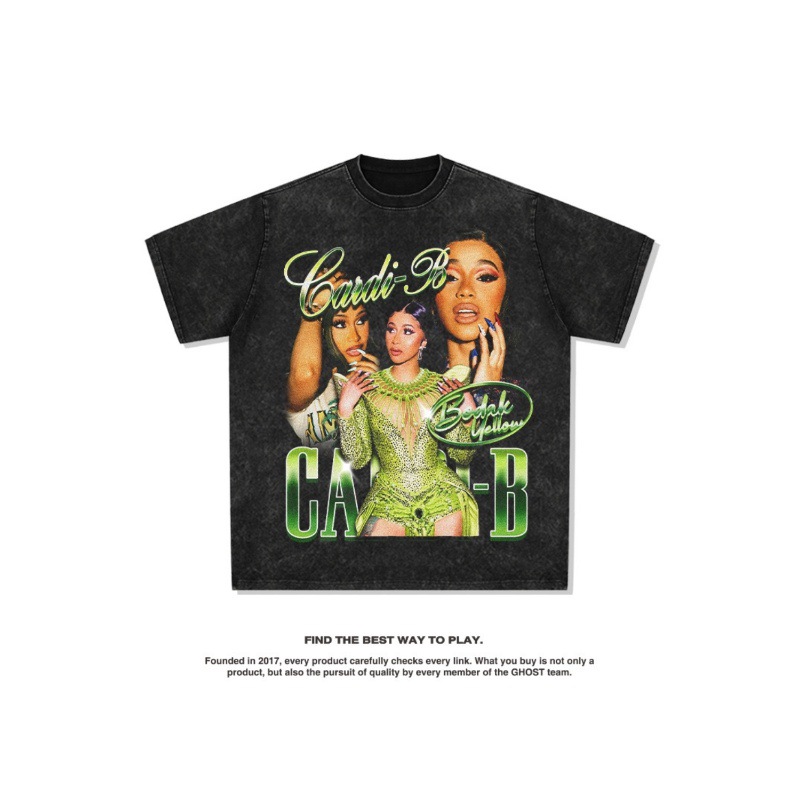 Tarjeta hermana Cardi B Europa y América hip-hop rap americano street hip-hop marca de moda estampado retro desgastado lavado manga corta