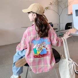 女童格子衬衫春秋新款秋季早秋初秋洋气时髦女孩粉色卡通薄款外套