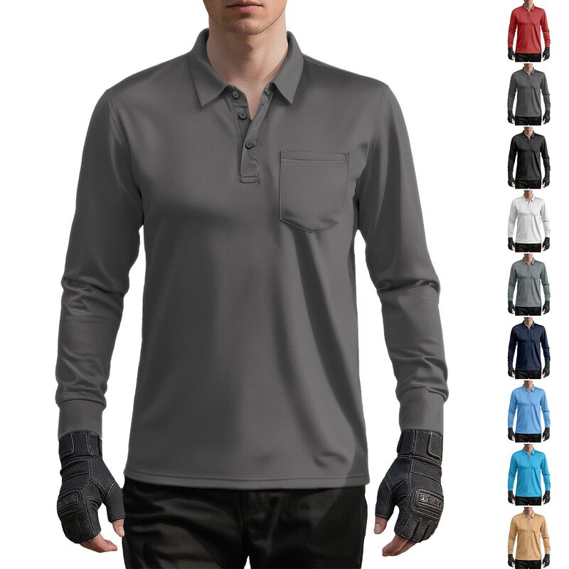Cross-Border European and American Men's Casual Loose-Fitting Button-Front Solid Color Long-Sleeve Mesh Fabric Turn-Down Collar Outdoor Sports Polo Shirt Cross-Border European and American Men's Casual Loose-Fitting Button-Front Solid Color Long-Sleeve Mesh Fabric Turn-Down Collar Outdoor Sports Polo Shirt