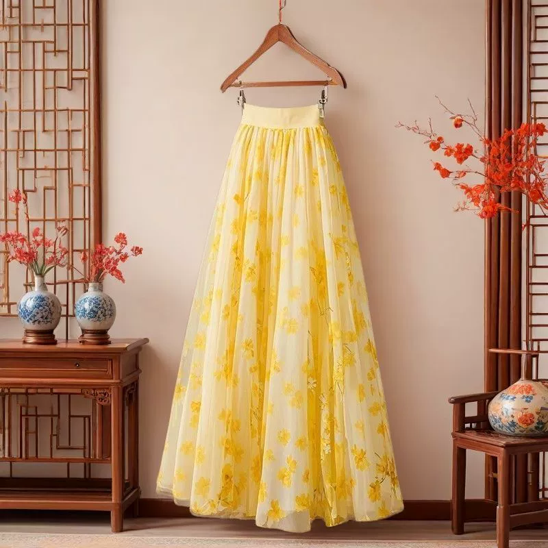 Популярный в этом году новый стиль для маленьких людей с очень красивой драпированной желтой юбкой с высокой талией и цветочным принтом для женщин весной и летом.