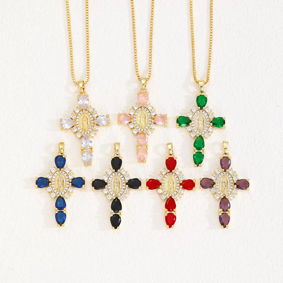 跨境热卖饰品圣母十字架吊坠首饰铜镶锆石气质百搭项链义乌配饰