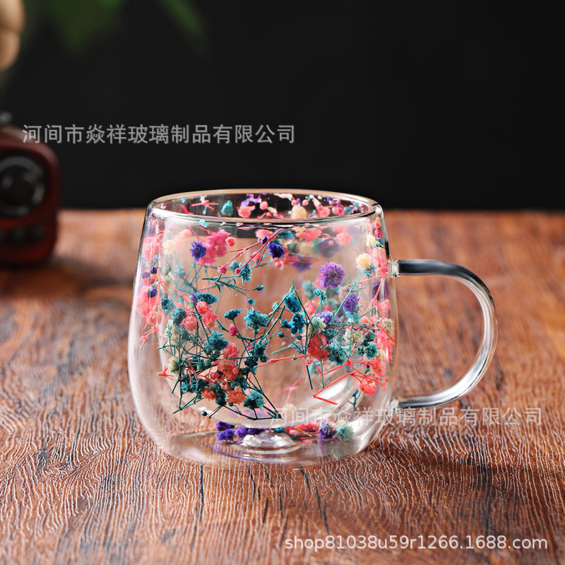 跨境真干花双层玻璃杯创意高硼硅耐热水杯子网红牛奶咖啡杯茶杯|undefined