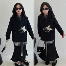 女童2025秋季新款刺绣仙鹤小西服儿童休闲西装套装童装潮一件代发