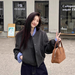 韩系复古灰色棒球服外套女春秋新款高级感慵懒风宽松休闲夹克上衣
