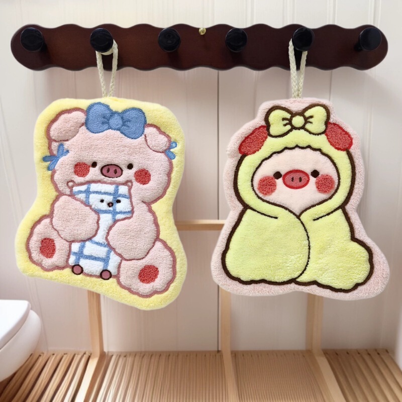 New Cartoon Pig-Themed Coral Fleece Hanging Hand Towel, Soft and Absorbent, Multi-Functional Handkerchief