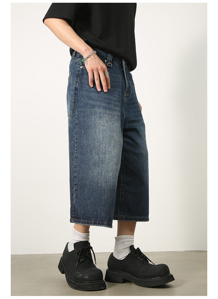 Quần short denim nam ống thẳng dáng suông giặt làm cũ — Denim thô màu xanh, Làm cũ, Màu trắng, Màu đen thô chi tiết 11