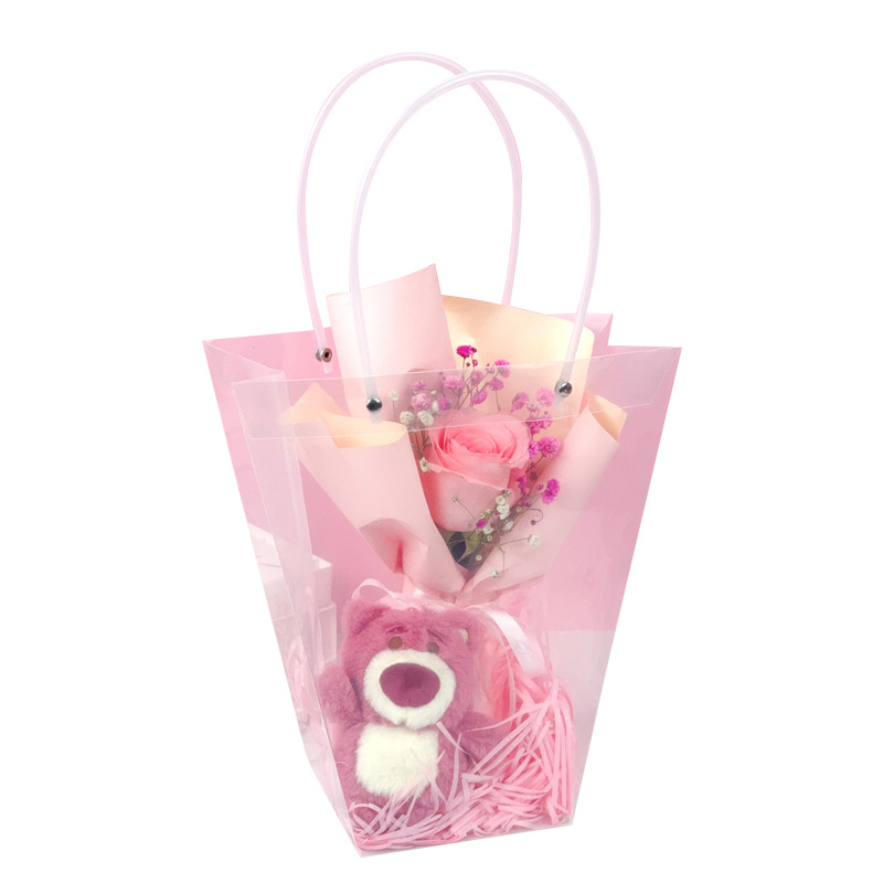Fábrica directa transparente ramo de flores bolsa de mano floral bolsa de embalaje ventana trapezoidal de plástico PVC regalos de mano