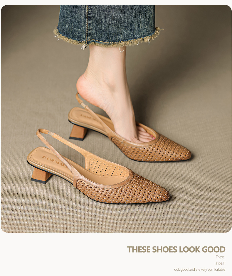 Sandal nữ da bò dệt mũi kín gót thô cao 6 cm phong cách công sở — đen chi tiết 12