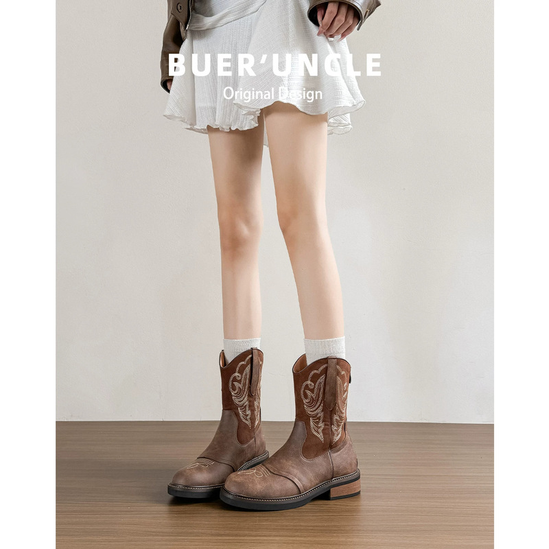 Genuine leather ~ Buer Shoes British-style short boots for women, in a Maillard brown retro embroidered western cowboy knight Martin boot style