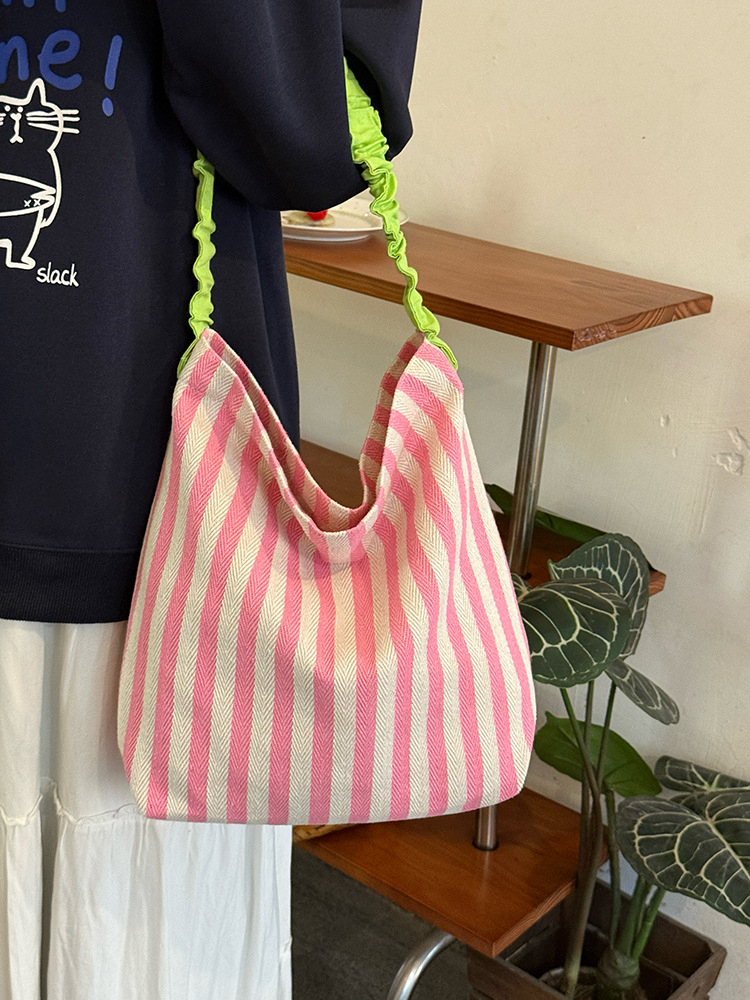 Striped Ruffle Strap Zip Closure Canvas Shoulder Bag 23