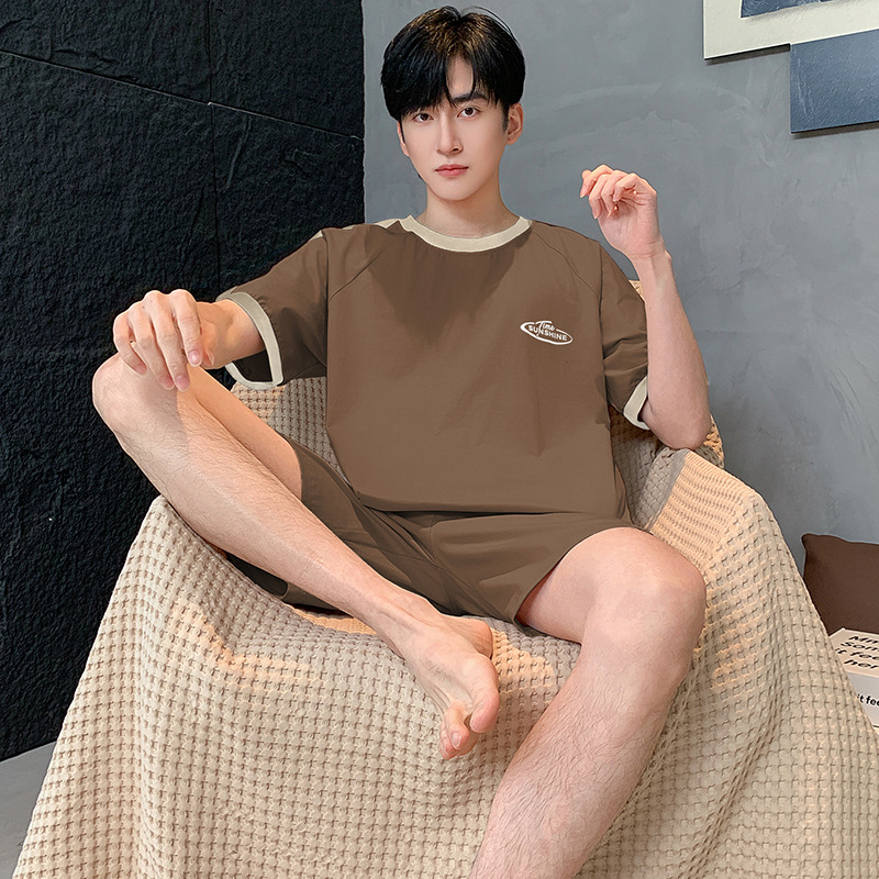 100% 純綿パジャマ男性半袖夏の薄いタイプの青少年カジュアルでゆったりした綿100% の家庭服セット