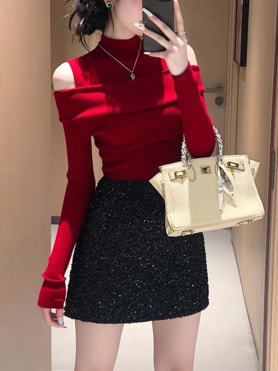 Áo len cổ lọ nữ thiết kế hở vai phong cách quý tộc — Rượu vang đỏ