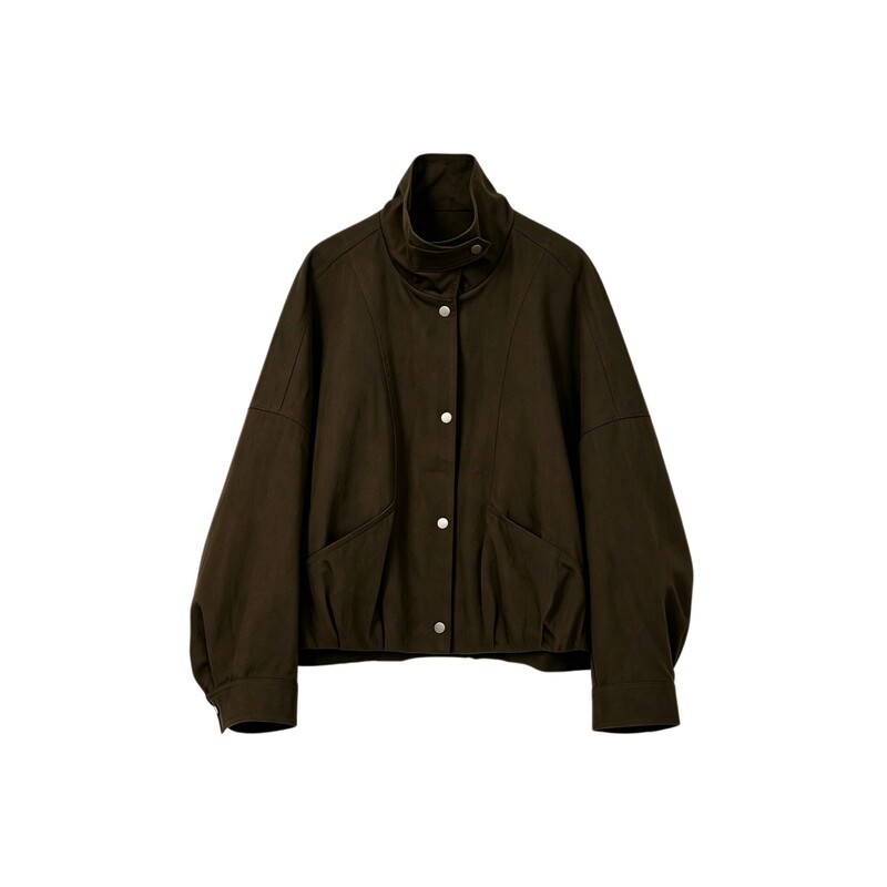 Dark brown stand-up collar short jacket for women, loose oversized casual outerwear for spring and autumn, versatile and simple slimming top Dark brown stand-up collar short jacket for women, loose oversized casual outerwear for spring and autumn, versatile and simple slimming top