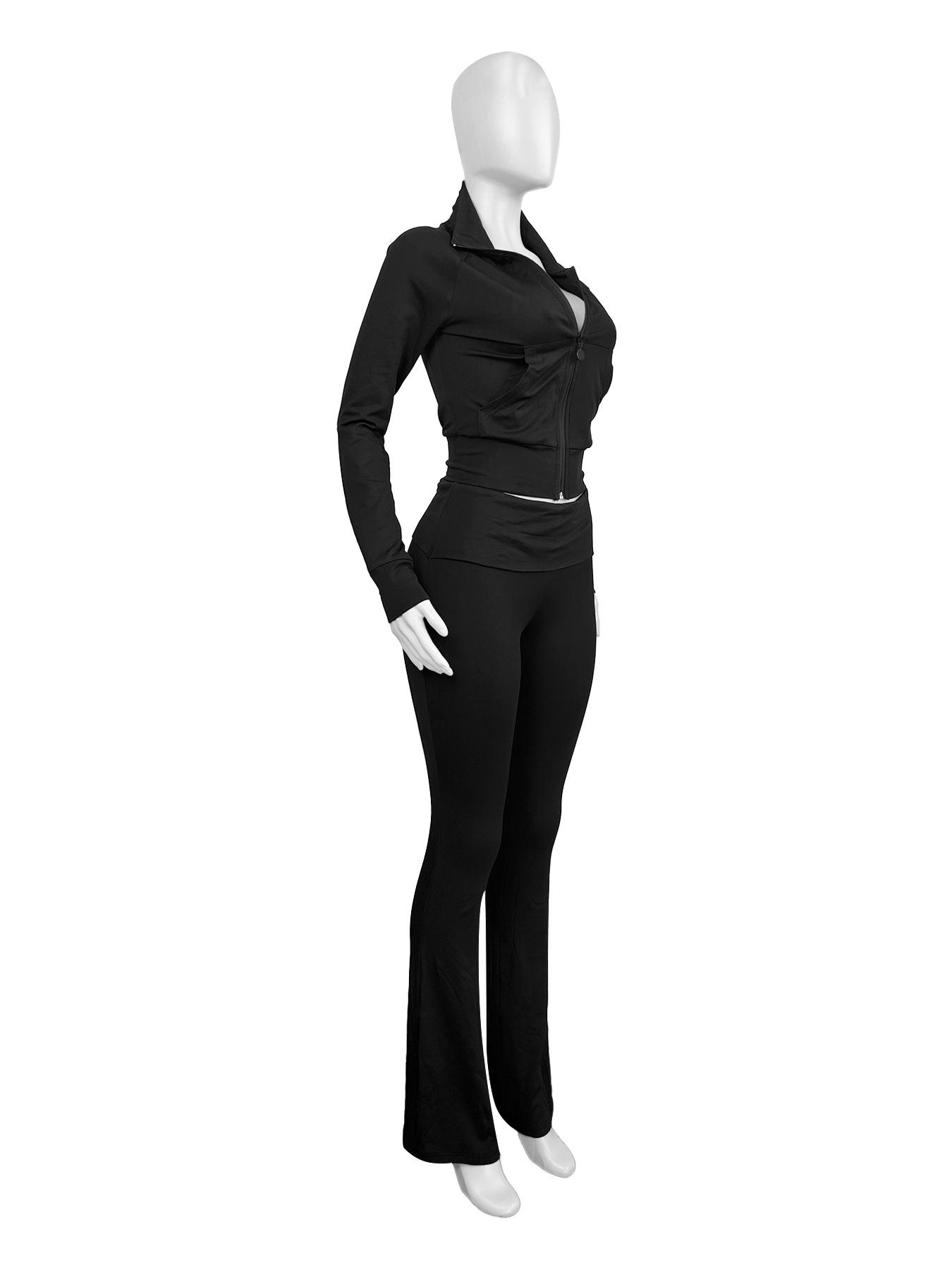 Women Clothing Sports Casual Tight Zipper Low Waist Fold Slightly Flared Fleece Lined Two Piece Sets