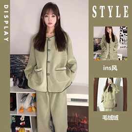 睡衣女秋冬款2025新款加厚珊瑚绒加绒小香风开衫圆领可外穿家居服