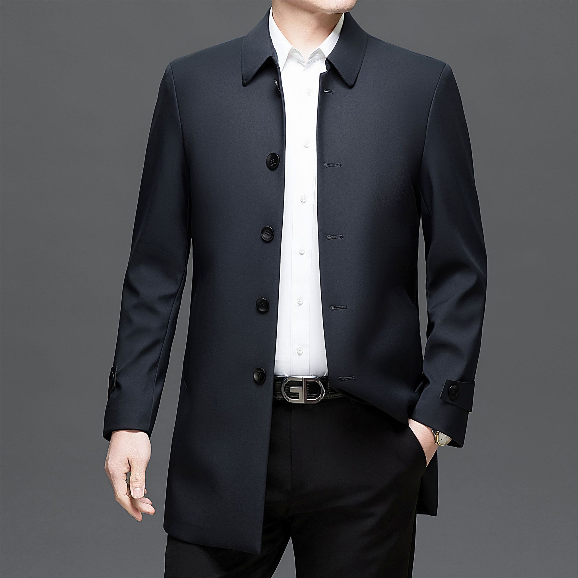 专柜男士风衣中长款外套春秋季中老年干部商务休闲高端翻领夹克衫
