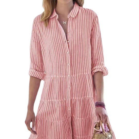 Women's Clothing Long Sleeved Striped Shirt Dress Autumn American Style Thin Summer Dress Suitable_ecoleips.com