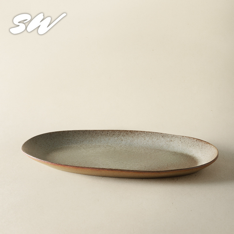 Sanwu レトロフラットプレートセラミックオーバルプレートクリエイティブホームハイエンドディッシュプレートフィッシュプレートレストランステーキ食器|undefined