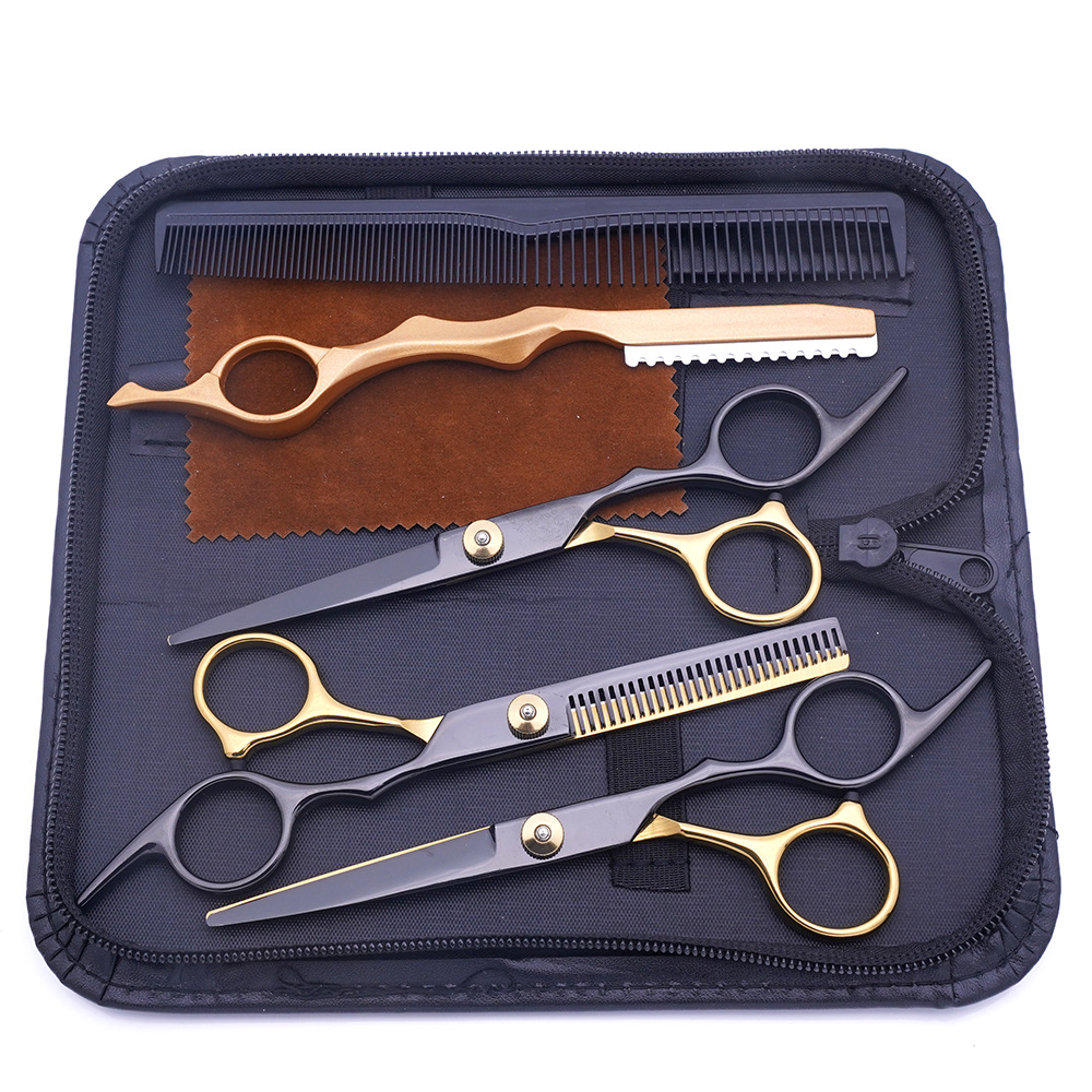 Fábrica directa de tijeras de corte de pelo de oro negro, tijeras de corte de pelo planas especiales, tijeras de corte de pelo delgadas, set de tijeras de corte de pelo domésticas