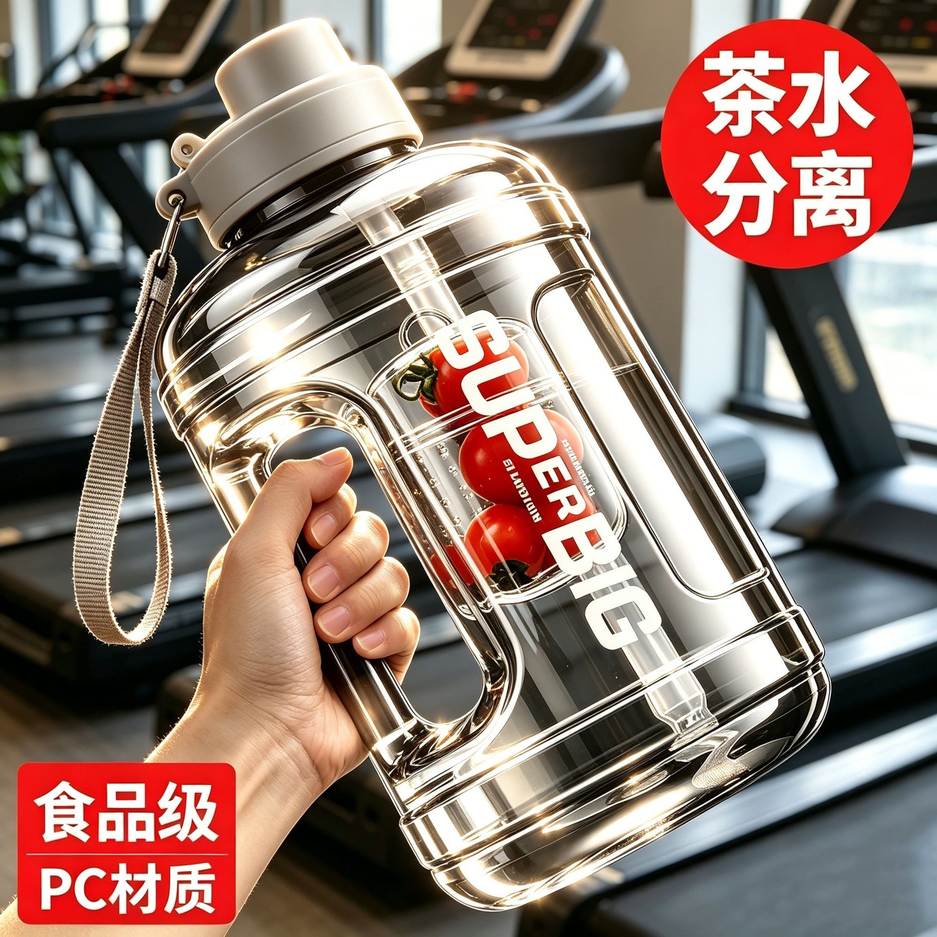Large-capacity tea-water separation cup, extra-large sports water bottle, fitness water cup, portable space cup for men and women, large-belly cup