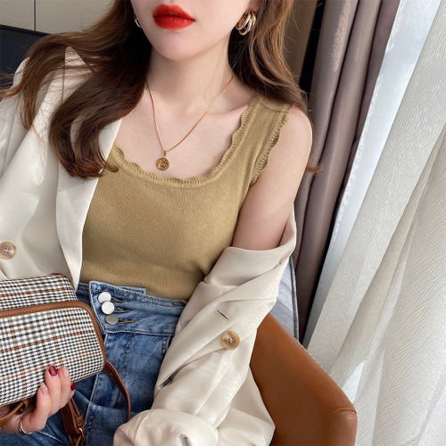 Ruffle Strap Design Minority Outerwear Suit Knitted Underwear Vest Women's Short Sleeveless Vest Top 