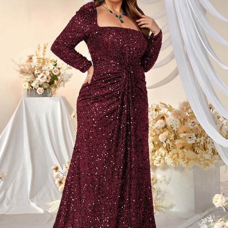 Cross-border New Hot Sale plus size Light Luxury Evening Dress Sequin Square Collar Long Sleeve Ball Evening Dress plus size Fishtail Dress
