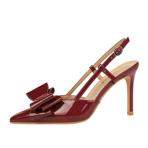 312-H87 European and American high-heeled shoes with a feminine feel, thin heel, patent leather, shallow mouth, bow tie,