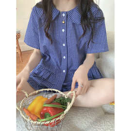 实拍2025夏季新款韩系格子简约木耳边睡衣套装休闲家居服外贸批发