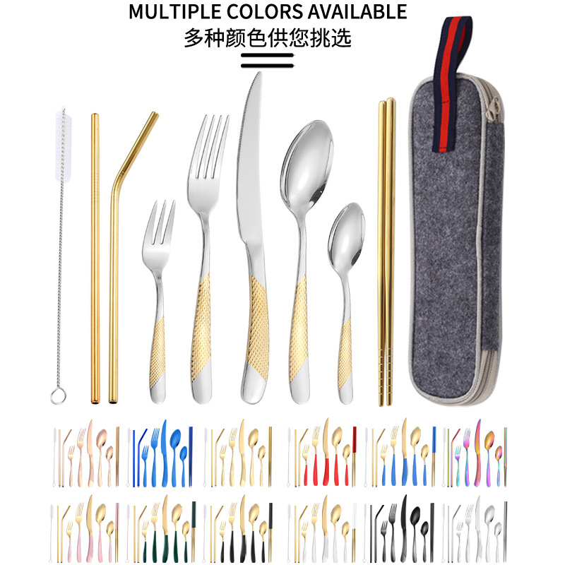 Diamante estrella cuatro piezas principales transfronterizo cuchillo, tenedor y cuchara de paja 9 piezas traje de paja de acero inoxidable directo de fábrica