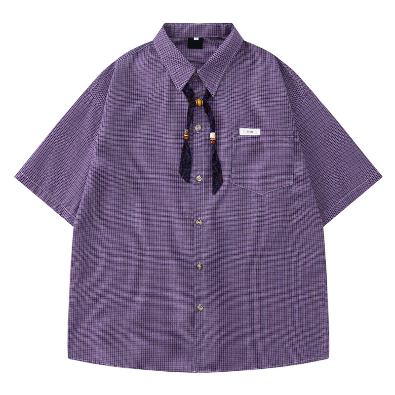 Guangzhou Shisanxing American High Street Style Cool Purple Plaid Bow Tie Short-Sleeve Shirt for Men and Women, Couple's Loose Shirt Guangzhou Shisanxing American High Street Style Cool Purple Plaid Bow Tie Short-Sleeve Shirt for Men and Women, Couple's Loose Shirt