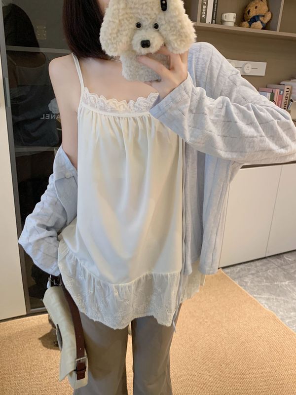 大码女装甜美套装蕾丝吊带背心女秋季长袖针织开衫外套两件套|undefined