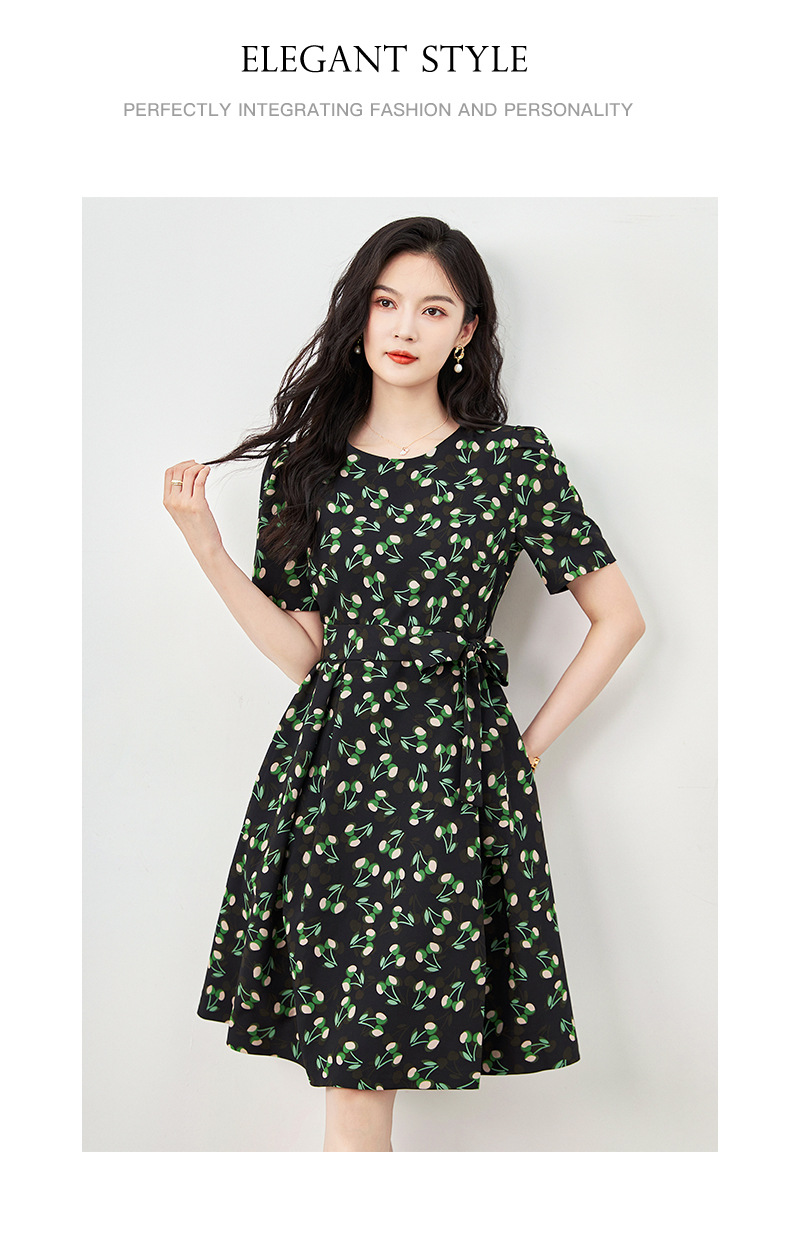 Đầm maxi nữ thắt eo in họa tiết voan crepe mùa hè — Màu xanh lá chi tiết 8