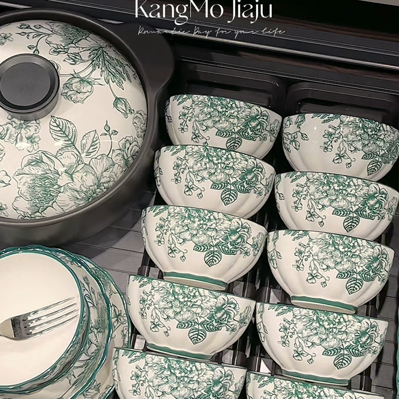 Green Rose Accessible Luxury Dish Set Household High-End Ceramic Dishes Rice Plate Rice Bowl Housewarming Gift Tableware Green Rose Accessible Luxury Dish Set Household High-End Ceramic Dishes Rice Plate Rice Bowl Housewarming Gift Tableware