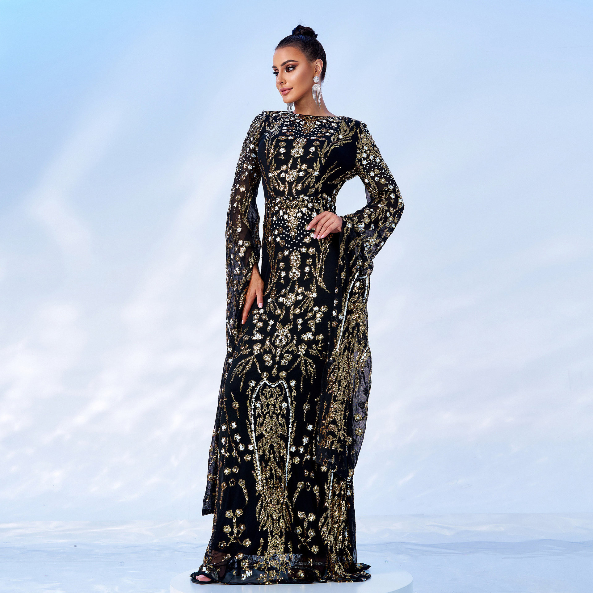 Women's Clothing ultra long sleeve temperament round neck sexy slim long sequined banquet evening dress bridesmaid dress_voghion.com